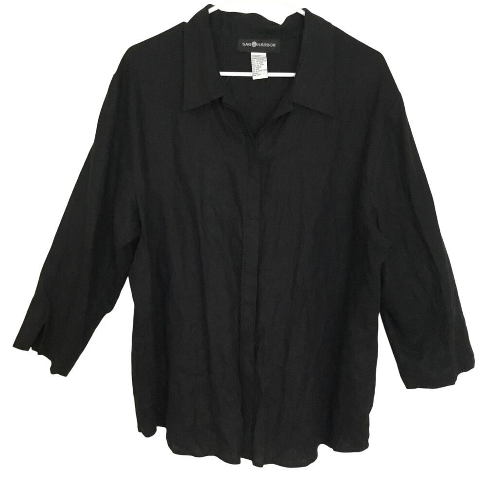 Sag Harbor Casual Buton Down Black Shirt Sz XL Linen Blend